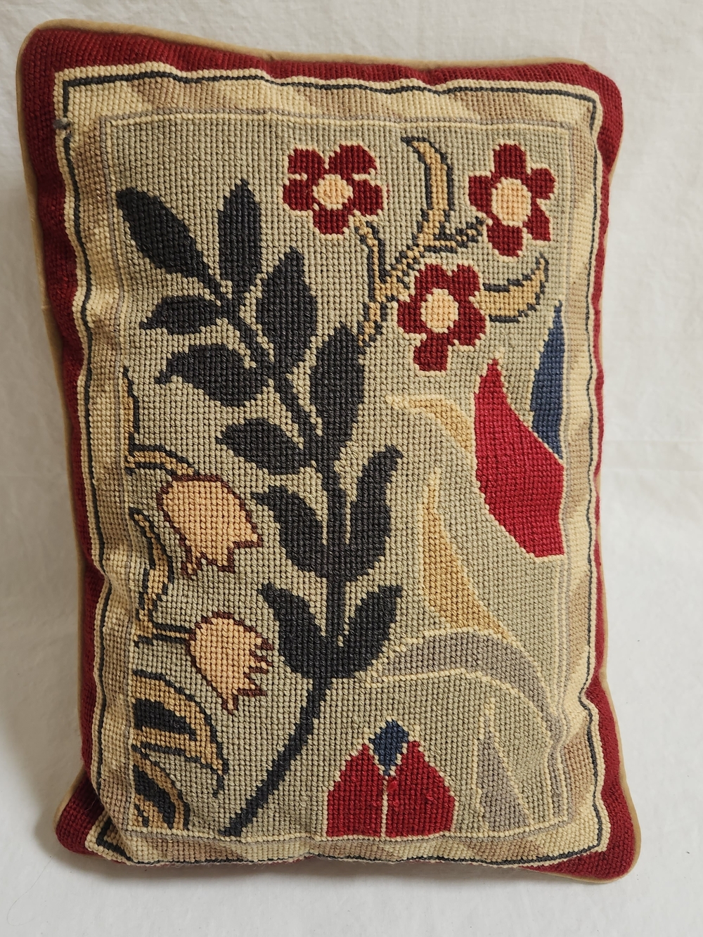 Floral Needlepoint Pillow in Red and Green